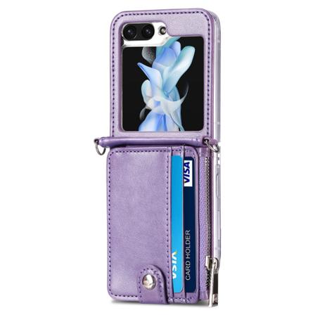 Samsung Galaxy Z Flip 5 - Plånboksfodral i Retrostil av PU-Läder med Korthållare och Halskedja Purple