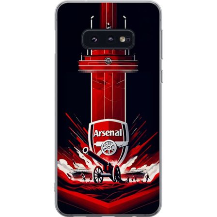 Yhteensopiva Puhelinkuori Samsung Galaxy S10e Arsenal-embleemi, jossa tykki ja stadionmotiivi voimakkaassa punaisessa ja valkoisessa urheilusuunnittel