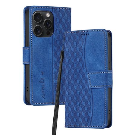 Fodral för iPhone15 Plus mörkblå neutral opp-påse läder flip schackrutigt diamantmönster