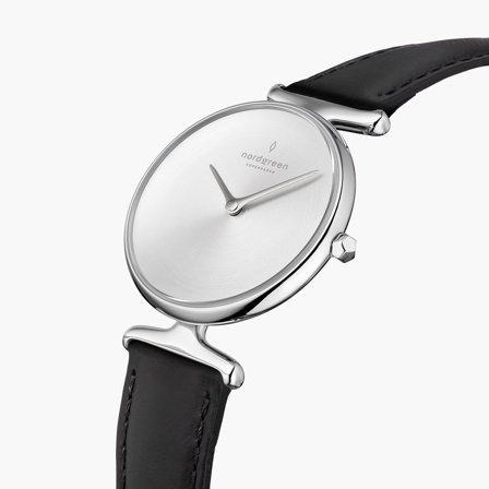 Nordgreen Best Women's Slim Designer Watch - Silver Case - Brushed Metal Dial - 28mm Black Leather Strap White Dial Unika