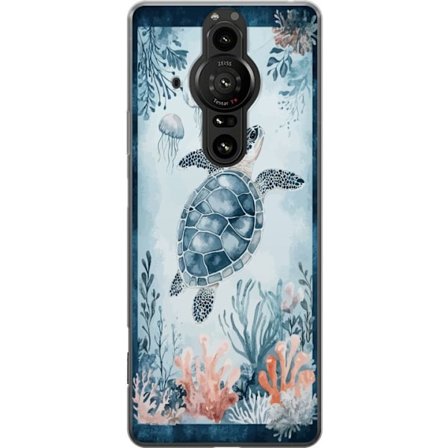 Yhteensopiva Puhelinkuori Sony Xperia Pro-I Akvarellimaalaus merikilpikonna korallien ja meduusojen joukossa rauhallisessa sinisessä vedenalaisessa m