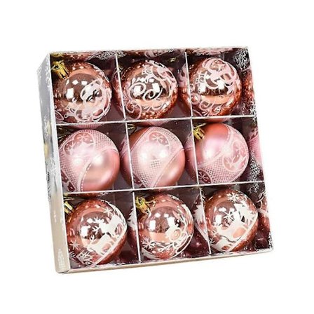 Rose Gull Julekuler 6cm - Sett med 9 med Elg og Julenissedesign for Juletre Hjemmedekorasjon