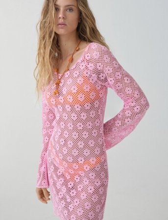 Mango Floral Crochet Dress - Pink - XS