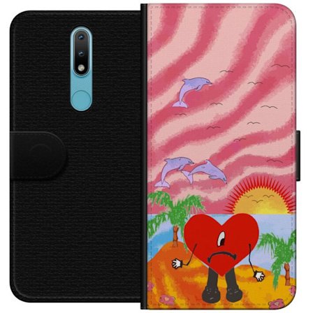 Kompatibelt Lommeboketui til Nokia 2.4 Bad Bunny i en fargerik quiltet jakke med hjertemønster og solbriller i moderne gatestil