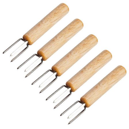 5 stk. Maisgafler i rustfritt stål med trehåndtak, grillgaffel, bærbar maiskolbeholder, grillutstyr (tre og rustfritt stål)