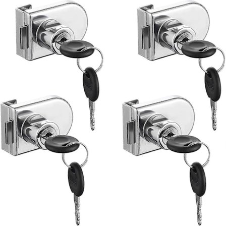 Glasdörrlås, 4 st Kamlås, Säkerhetslås för glasskåp och montrar för 5-8 mm glasdörrar utan borrning (med 8 nycklar)