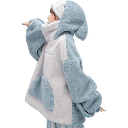 Hettegenser med hai-plysj for kvinner, løs passform, par-topp, hjemmeklær