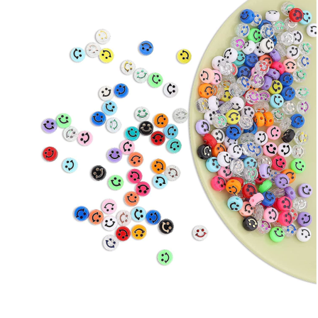 100 stk fargerike smilefjesperler - 10 mm akryl runde glade ansiktsperler løse mellomperler mellomperler for DIY-smykker
