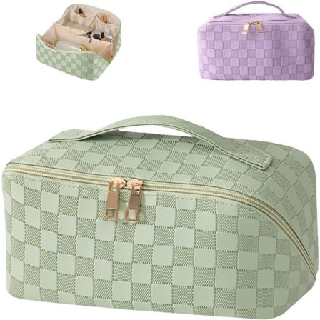 Vandtæt makeup taske i PU-læder med håndtag og ruminddeling, trendy makeup taske, bærbar rejsetaske, stor makeup taske (Grøn)