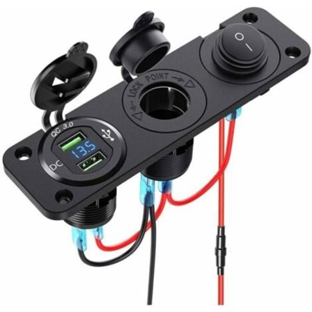 Sigarettenner Splitter 12 V - 24 V Dobbel QC3.0 med LED Voltmeter Skjerm, USB-uttak, Vanntett Bryter - for Bil, Båt, Motorsykkel, Lastebil..pa