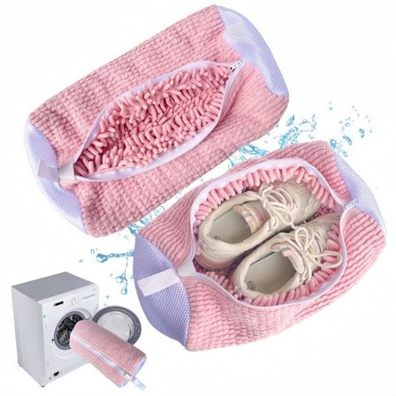 2 stk. Skovaskemaskinepose, vaskemaskine- og tørretumblerpose til sko, genanvendelig skorengøringspose til sneakers, mikrofiber indeni pink