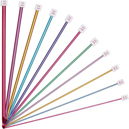 11 Sticknålar - Tunisisk Virknålsset - Flerfärgade Tunisisk Virknålar i Aluminium - Tunisisk Virkning - Sticknålsset