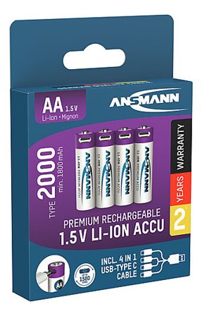 ANSMANN Batteri AA 4pk oppladbare med USB-C port og ladekabel