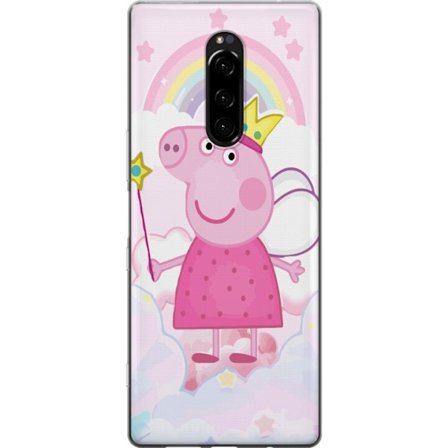 Yhteensopiva Puhelinkuori Sony Xperia 1 Peppa Pig prinsessamotiivi kruunulla, siivillä ja sateenkaarella, satumainen lasten kuvitus pilvitaustalla