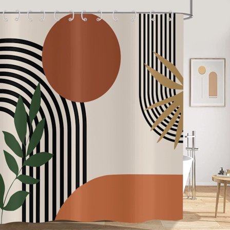 Boho Suihkuverho 120x180, Vuosisadan puolivälin abstrakti vihreä lehti aurinko oranssi beige kylpyverho moderni minimalistinen neutraali taide 