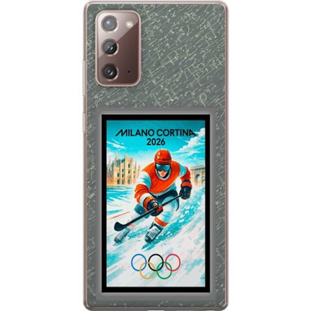 Yhteensopiva Puhelinkuori Samsung Galaxy Note20 Curlingkuvitus pelaajilla ja kivillä jäällä, Milano Cortina 2026, lumisia roiskeita ja olympiasormukse