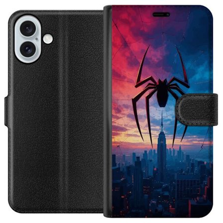 Yhteensopiva Lompakkokotelo Apple Apple iPhone 16 Plus Tyylikäs hämähäkki kaupungin horisontin yläpuolella dramaattisessa auringonlaskussa, graaf
