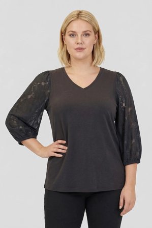 CISO - 3/4 Ærmet Bluse - Sort - V-Hals