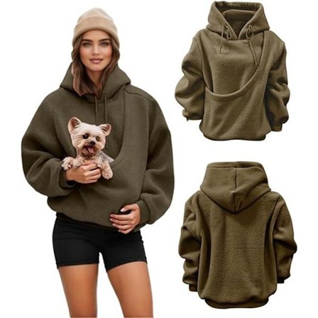 Pet Pocket Hoodie - Oversized Fleece Sweatshirt - Katte- og Hunde Frontlommer - Bronze - Størrelse L