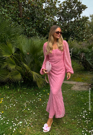 Bubbleroom Occasion - Ruched L/S Ankle Dress - Pink - Kläder