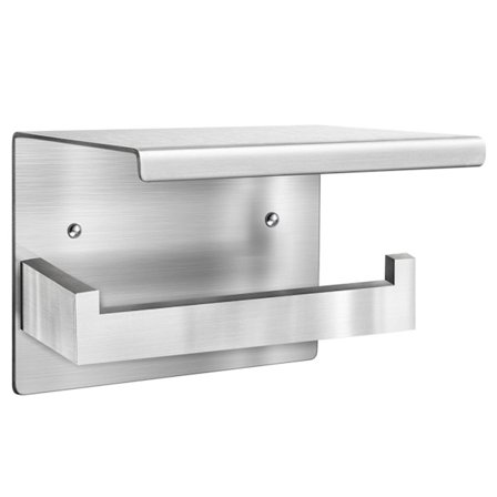 Toiletpapirholder med hylde uden boring, rustfrit stål, selvklæbende eller vægmonteret toiletrulleholder, rustfri, sølv