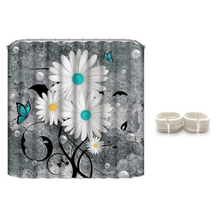 Blommig fjäril duschdraperi vit prästkrage duschdraperi för badrum rustik bondgård badrum gardin med 12 krokar