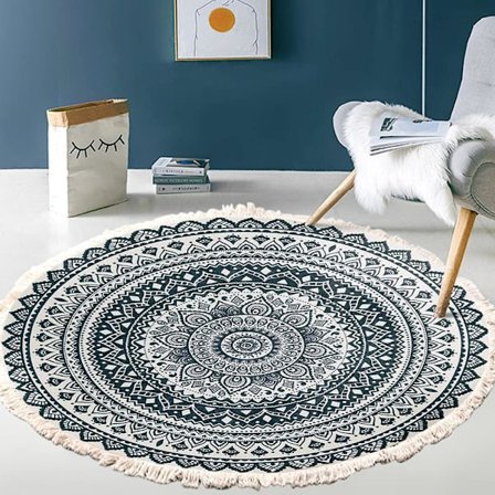 Vintage Boho Bomuldsmåtter Mandala Mønster Vaskbar Håndvævet Boheme Rundt Tæppe med Kvaster til Soveværelse Gang Stue Kaffebord Gulvmåtter