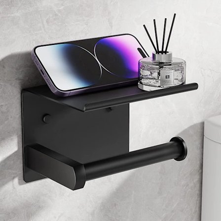 Toalettpappershållare med hylla, Toalettpappershållare självhäftande eller väggmonterad, Rostfritt stål Badrumspappershållare (svart)