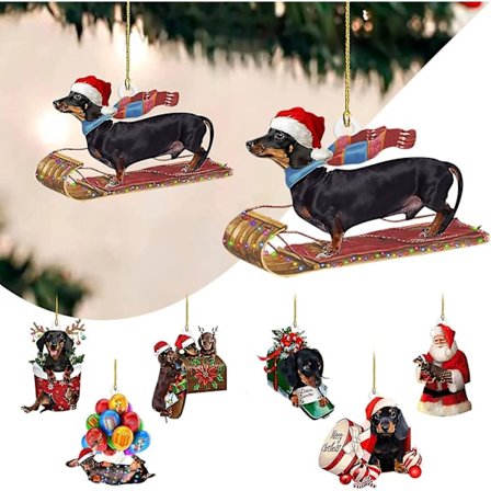 7 stk. juletrepynt, dachshund juleanheng med dobbeltsidig trykk, juletre hengende dekorasjon