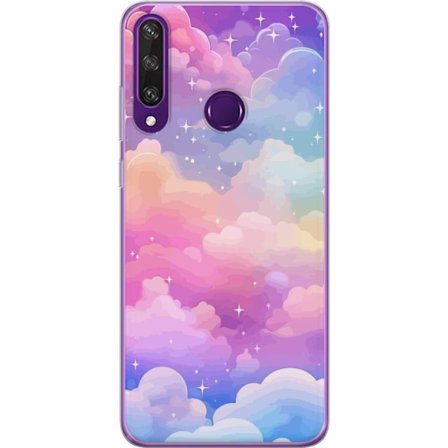 Kompatibelt Mobildeksel til Huawei Y6p Søt enhjørning med regnbuefarget hår mot en stjernebelagt pastellbakgrunn i kawaii-stil