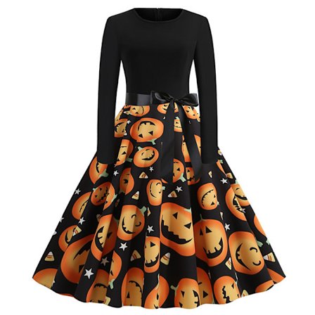 Mub- ZHEZHE Adults Halloween Costume Long Sleeve Women's Dresses Printed Maxi Ladies Dress Women Halloween Clothes WIth Belt