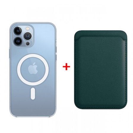 Skal för iPhone 15 Transparent magnetiskt skal + magnetisk korthållare grön Magnetisk transparent läder Magnetisk korthållare