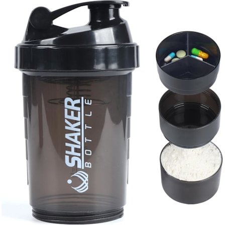 Protein Shaker Flaska, Läcksäker Sportvattenflaska för Proteinmixer - Halkfri 3 Lager, 47 cl Shake Kopp med Pillbox (Svart) Svart