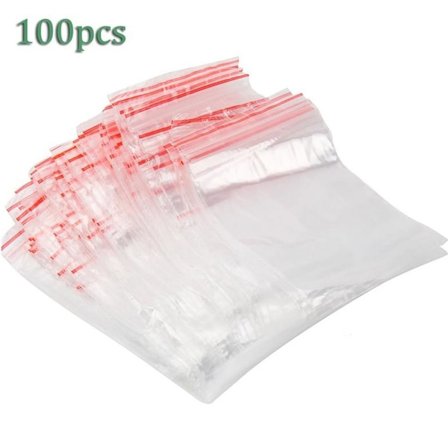 100 tjocka transparenta självförslutande påsar, tillverkade av transparent plastmaterial, kan återförslutas