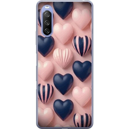 Yhteensopiva Puhelinkuori Sony Xperia 10 III Lite Pehmeät kolmiulotteiset sydämet vaaleanpunaisessa ja merensinisessä sävyssä romanttisessa kuosi