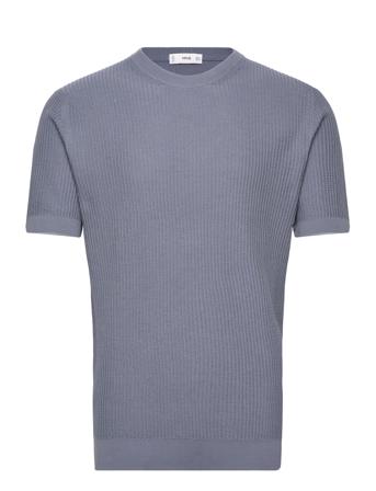 100% Cotton T-Shirt With Ribbed Structure T-shirts Short-sleeved Blå Mango*Betinget Tilbud