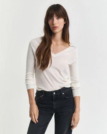 GANT Damen V-Neck Pullover aus extra feiner Merinowolle (XXL) Weiß