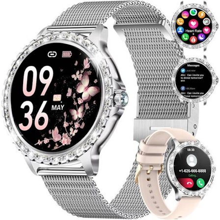 (Sølvrosa) Bluetooth Smartklokke for kvinner med 100+ telefonsamtaler, sportsklokke, sølv, kompatibel med Android og iOS, 1,32" HD-skjerm, frekvens C