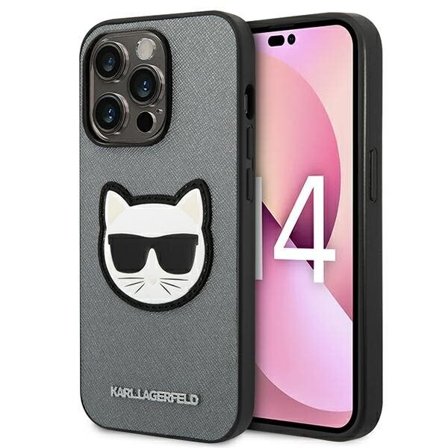 Karl Lagerfeld Saffiano Choupette Head Patch-etui til iPhone 14 Pro - sølv