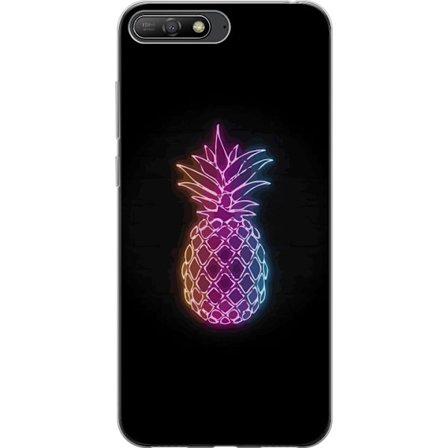 Kompatibelt Mobilskal till Huawei Huawei Y6 (2018) Neonillustration av ananas i färgglatt ljus mot svart bakgrund