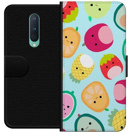 Kompatibel Tegnebogsetui til OnePlus 8 Mønster af kawaii frugter som jordbær citron ananas og avocado på lyseblå baggrund