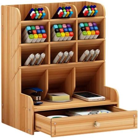 Multifunktionell organizer i trä med låda för hem, kontor eller skola Cherry,