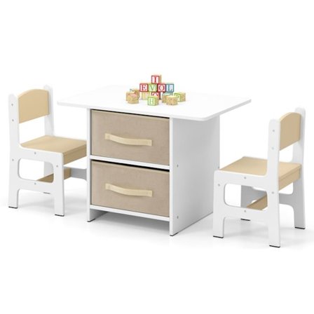Barnbord med 2 Stolar - COSTWAY - 2 Tyglådor & Pussel - i Trä med Ergonomisk Design - Rundade Hörn - Beige