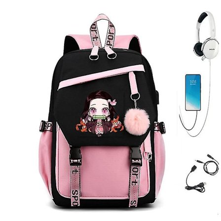 Demon Slayer Ryggsäck Med Usb-port Kamado Nezuko Canvas Skolväska För Pojkar Flickor Resväska Nylon Mochilas