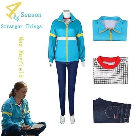 New tranger Things sesong 4 Max Mayfield Cosplay Costume Blå skjorte Jeans T-skjorte Uniform Eleven Jenter Kvinner Moteantrekk S