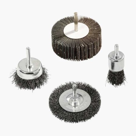 Biltema - Roterende Børstesett 4 stk. - For Fjerning av Rust og Maling, Ø75 mm Skive, Ø50 mm Aksialskive, Ø19 mm Endebørste, Ø80 x 30 mm Lamellskive 