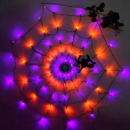 4.3FT Spindelnätsbelysning - 70 LED i Orange & Lila med Spindlar | 8 Ljuslägen med Timer | Vattentät & Batteridriven för Utomhus/Inomhus_OF