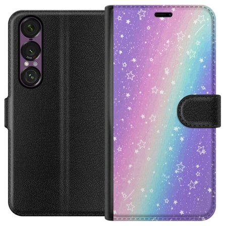 Kompatibel Tegnebogsetui til Sony Xperia 1 VII Rainbow-farvet pastelbaggrund med hvide stjerner og glitrende prikker i blød overgang