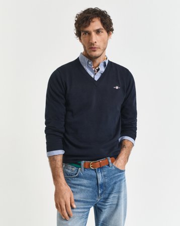 GANT Herren Klassischer V-Neck Pullover aus Baumwolle (S) Blau