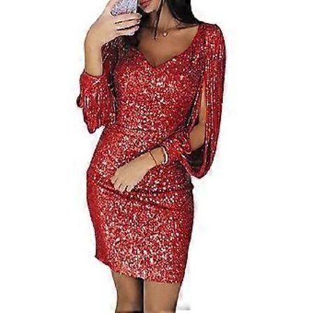 Sexet Mini Kjole til Kvinder med Glitter, Lange Ærmer og Hoftedesign, Flot Kjole med Pailletter, V-Hals og Lange Ærmer (S Rød)
